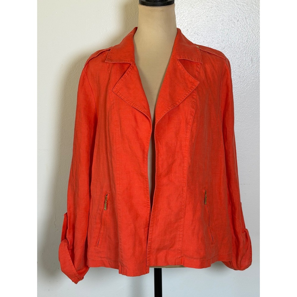 Chico's 100% Linen Coral Orange Open Front Utility Jacket Size 2 US 12 Coastal